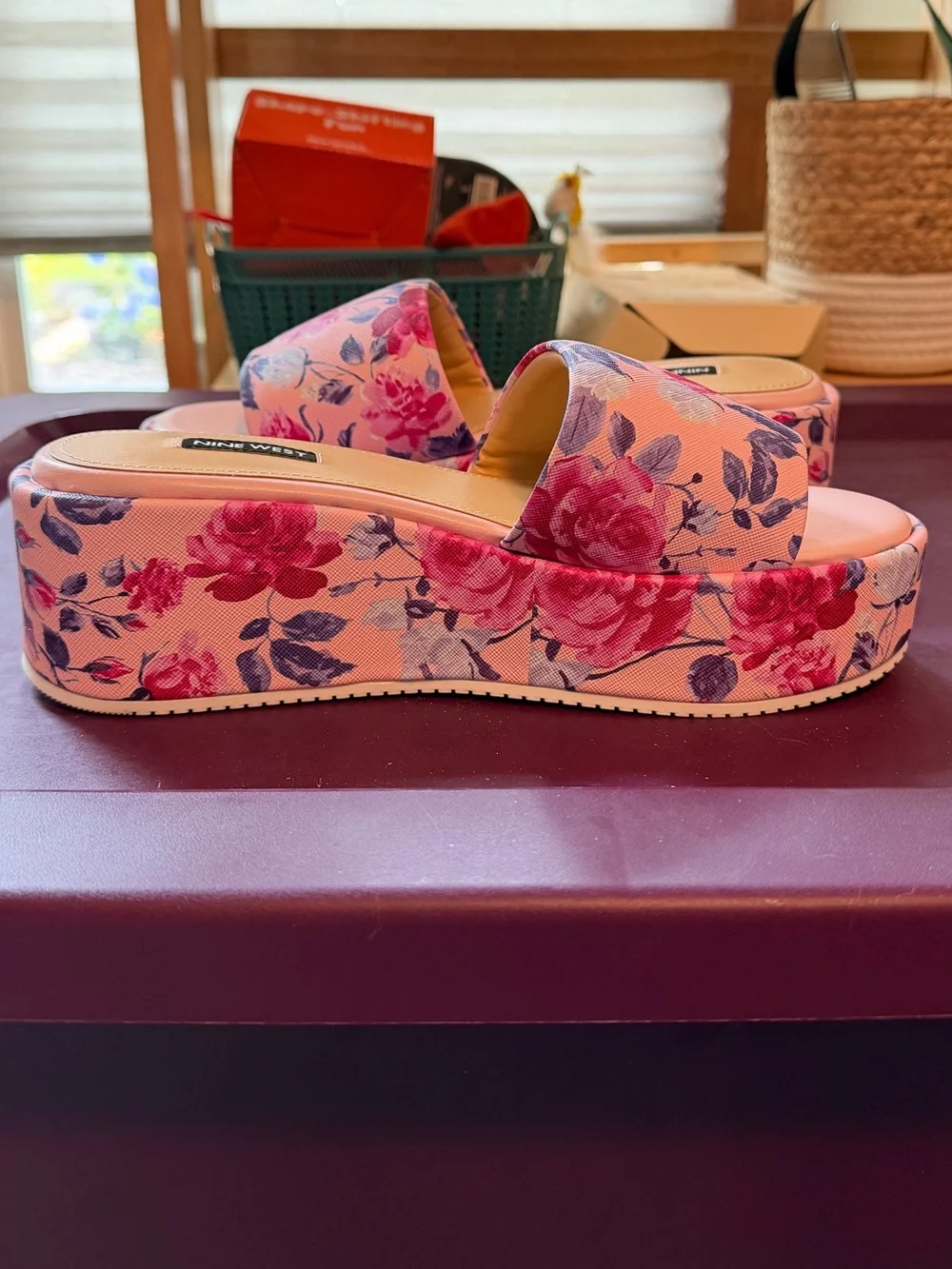 Nine West Pink Floral Platform Slide Sandals with Blue Accents